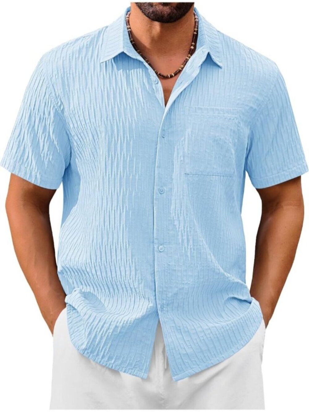 Men's Sky Blue Short Sleeve Casual Textured Polyester Button Down Shirts